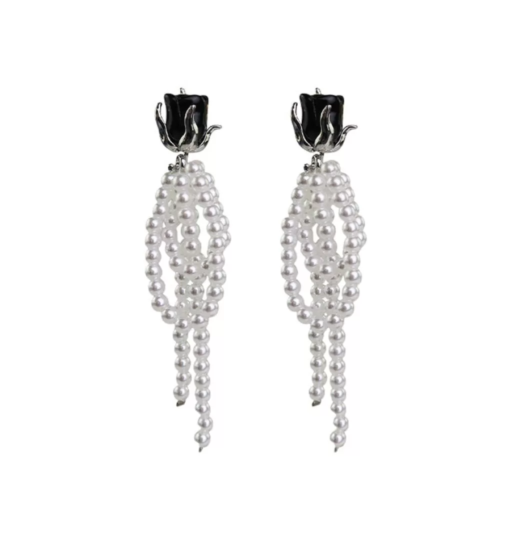 Fashion WOS UP Rose Pearl Earrings Black